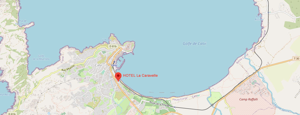 Carte de Calvi indiquant l’emplacement de l’Hôtel La Caravelle